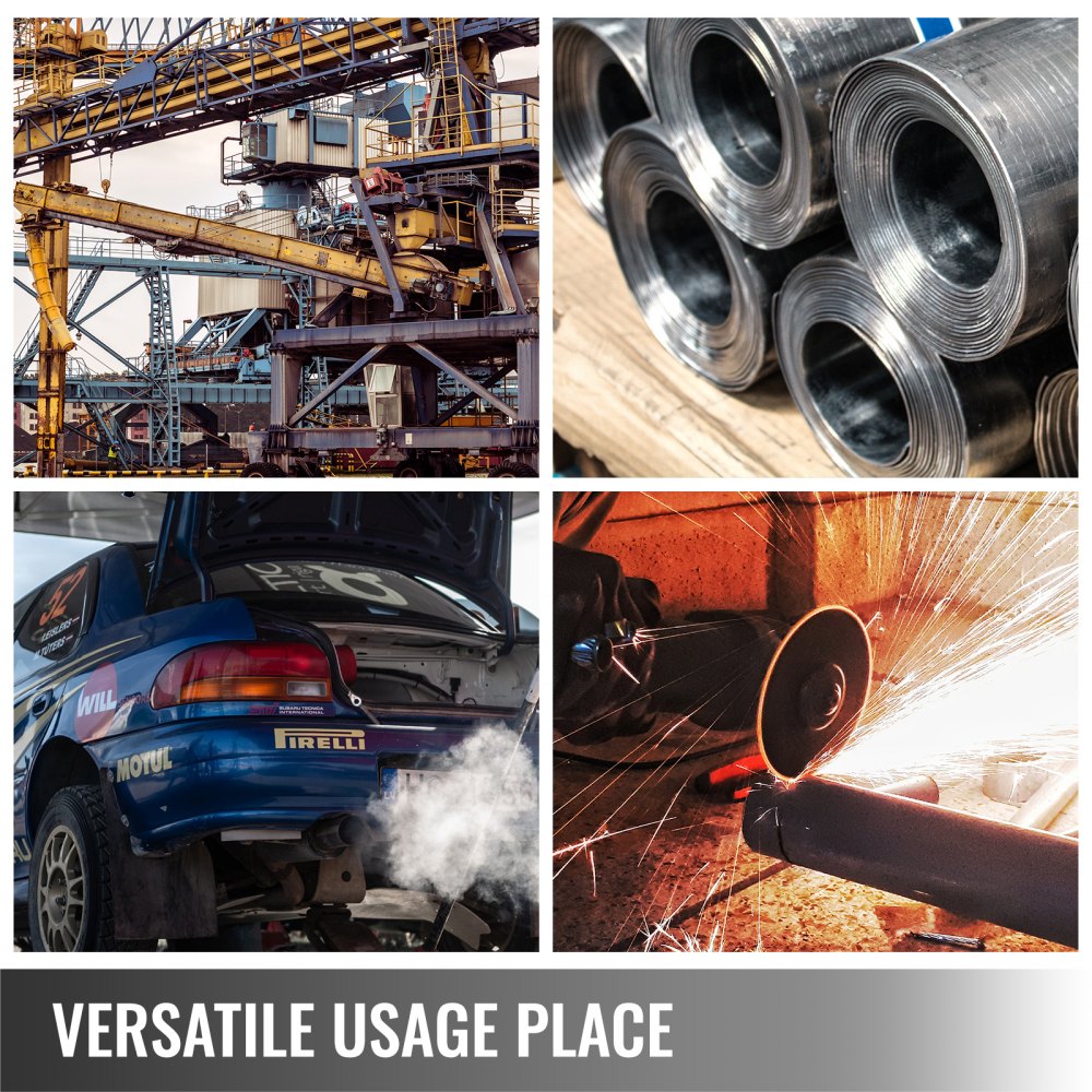 Collage showing industrial sites, steel pipes, car trunk, and metal cutting sparks for versatile hydraulic jack usage.