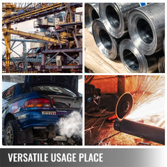 Collage showing industrial sites, steel pipes, car trunk, and metal cutting sparks for versatile hydraulic jack usage.