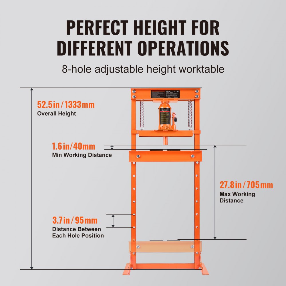 Bostome 12 ton hydraulic shop press with adjustable height and reinforced H-frame design.