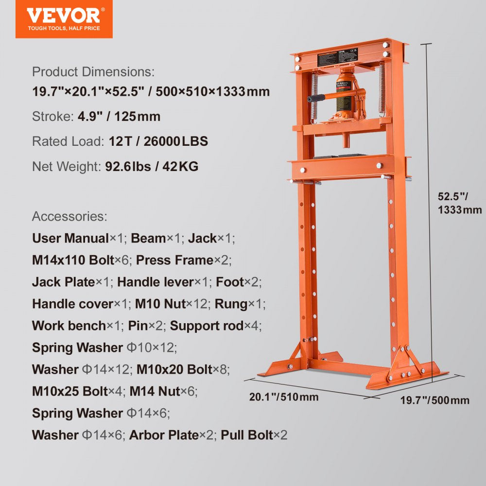 Bostome 12 ton hydraulic shop press with adjustable height and reinforced H-frame design.