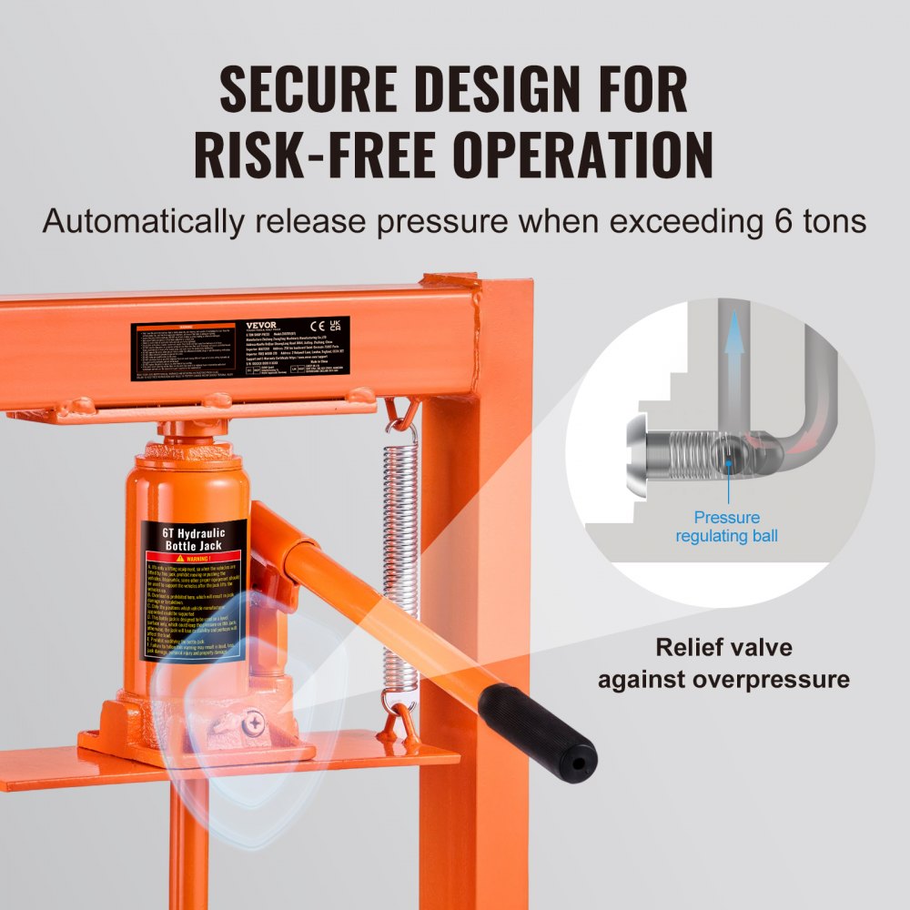 Bostome 6 ton hydraulic shop press with adjustable height and heavy-duty carbon steel frame.
