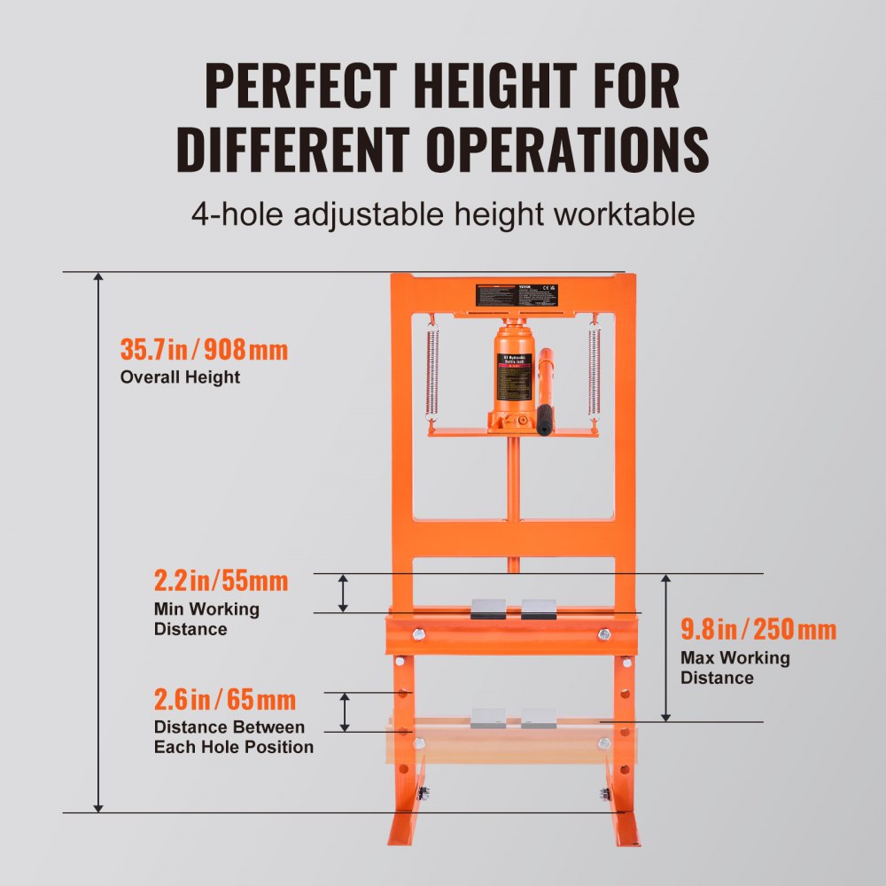 Bostome 6 ton hydraulic shop press with adjustable height and heavy-duty carbon steel frame.
