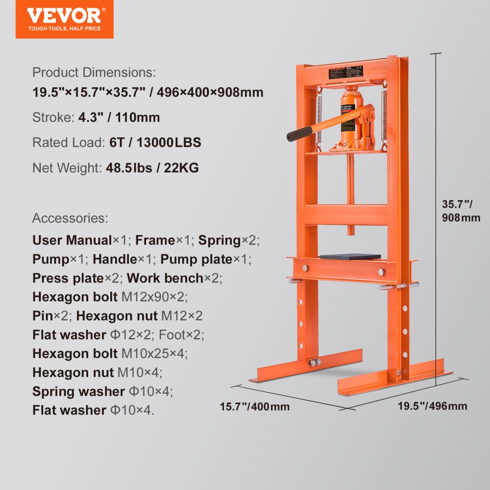 Bostome 6 ton hydraulic shop press with H-frame design and adjustable height for heavy tasks.