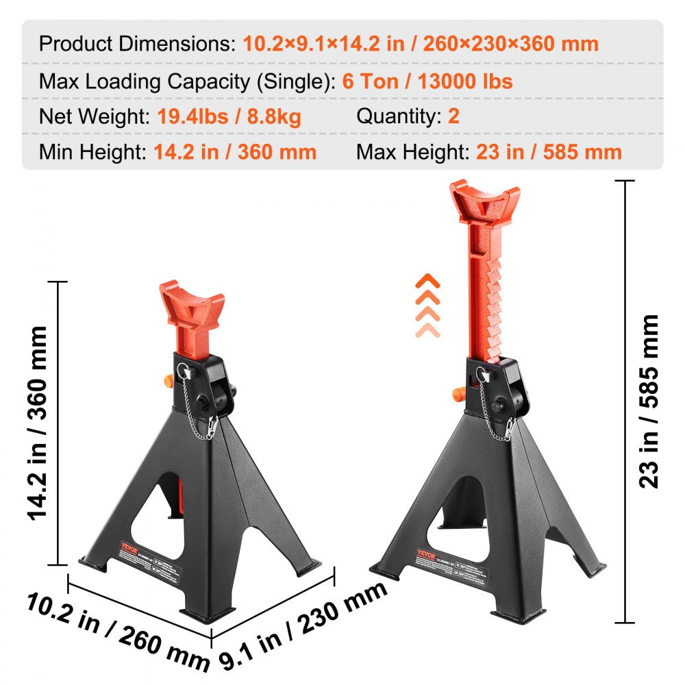 Jack Stands, 6 Ton (13,000 lbs) Capacity Car Jack Stands Double Locking, 14.2 -23 inch Adjustable Height, for lifting SUV, Pickup Truck, Car and UTV/ATV, Red, 1 Pair