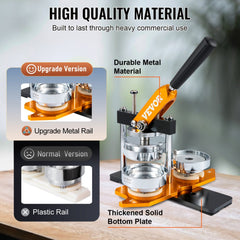 Image comparing normal and upgrade versions of 3-inch button maker machine with metal rail and orange handle.