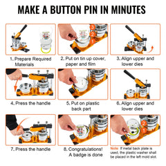 Step-by-step images showing the Bostome 3 inch button maker machine kit in use.