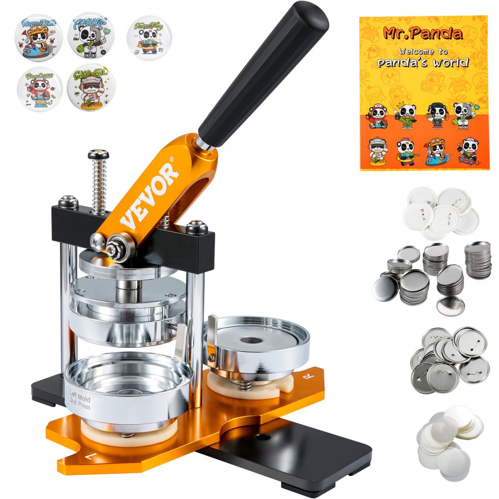 Orange and black 3 inch button maker machine with metal parts and ergonomic handle.