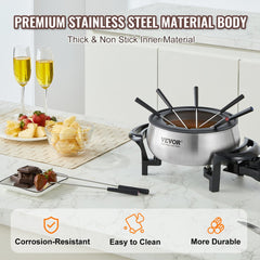 Electric Fondue Pot Set for Cheese & Chocolate, 3 Quart Chocolate Melting Warmer, Stainless Steel Fondue Maker with Temperature Control and 8 Forks, for Hors d`Oeuvres, Entrees, and Desserts