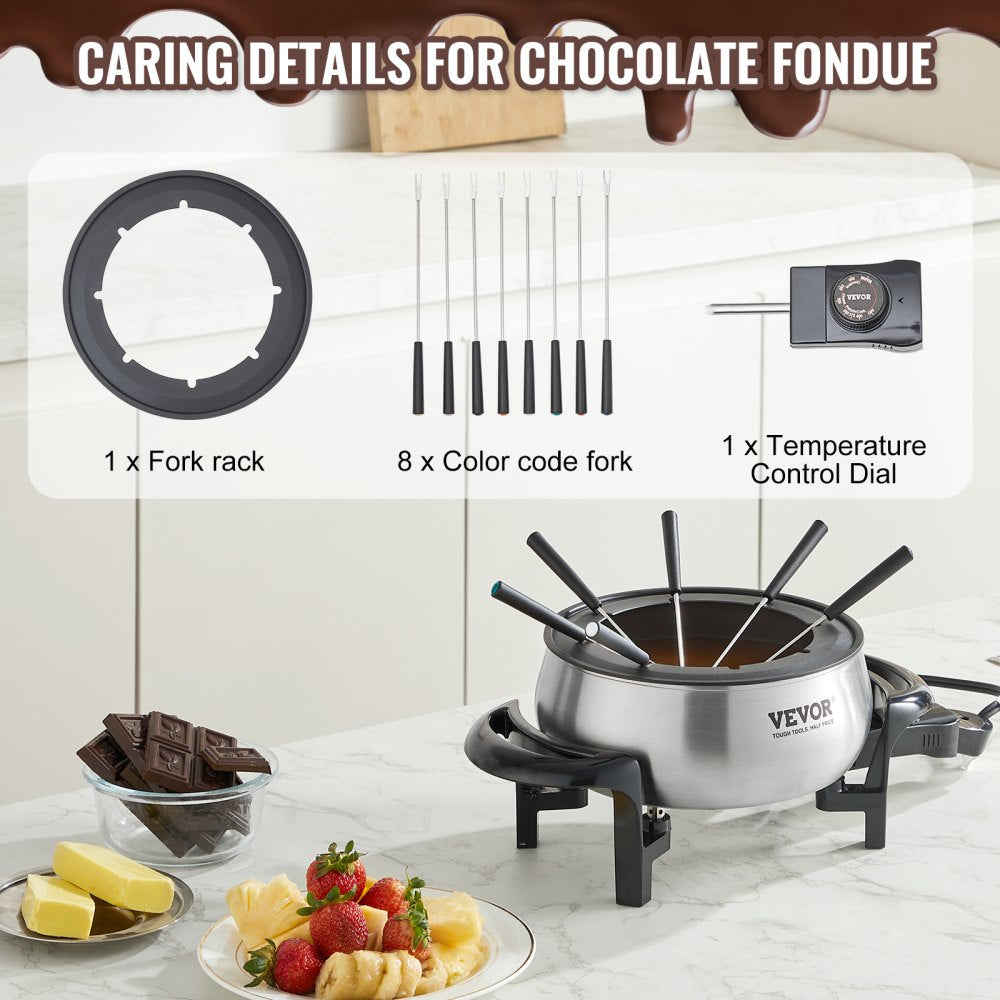 Electric Fondue Pot Set for Cheese & Chocolate, 3 Quart Chocolate Melting Warmer, Stainless Steel Fondue Maker with Temperature Control and 8 Forks, for Hors d`Oeuvres, Entrees, and Desserts