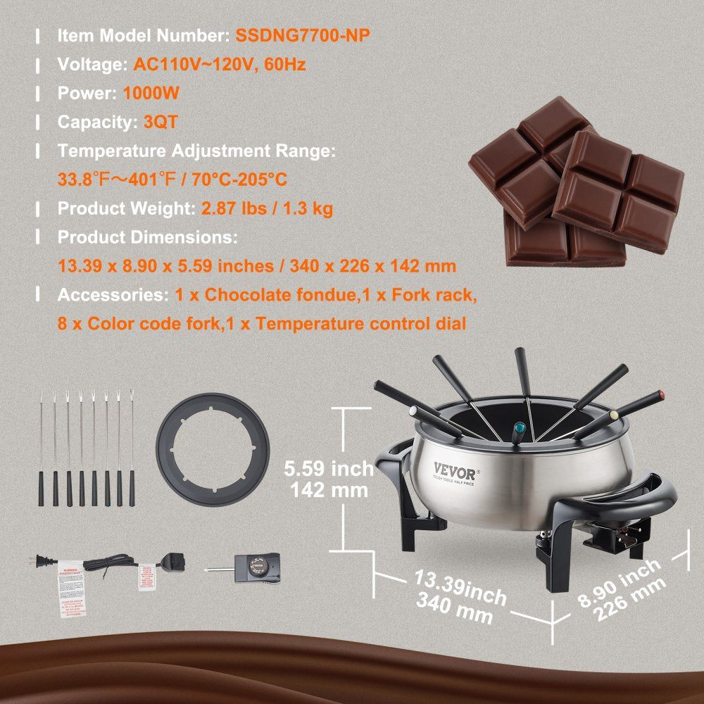 Electric Fondue Pot Set for Cheese & Chocolate, 3 Quart Chocolate Melting Warmer, Stainless Steel Fondue Maker with Temperature Control and 8 Forks, for Hors d`Oeuvres, Entrees, and Desserts