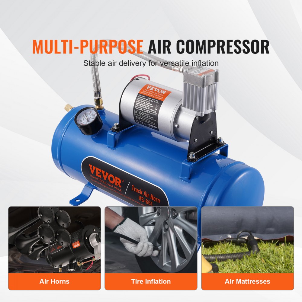 12V Air Compressor with Tank 1.6 Gallon/6 L, Train Horn Air Compressor, 120 psi Working Pressure Onboard Air Compressor System for Train Air Horns, Inflating Tires, Air Mattresses
