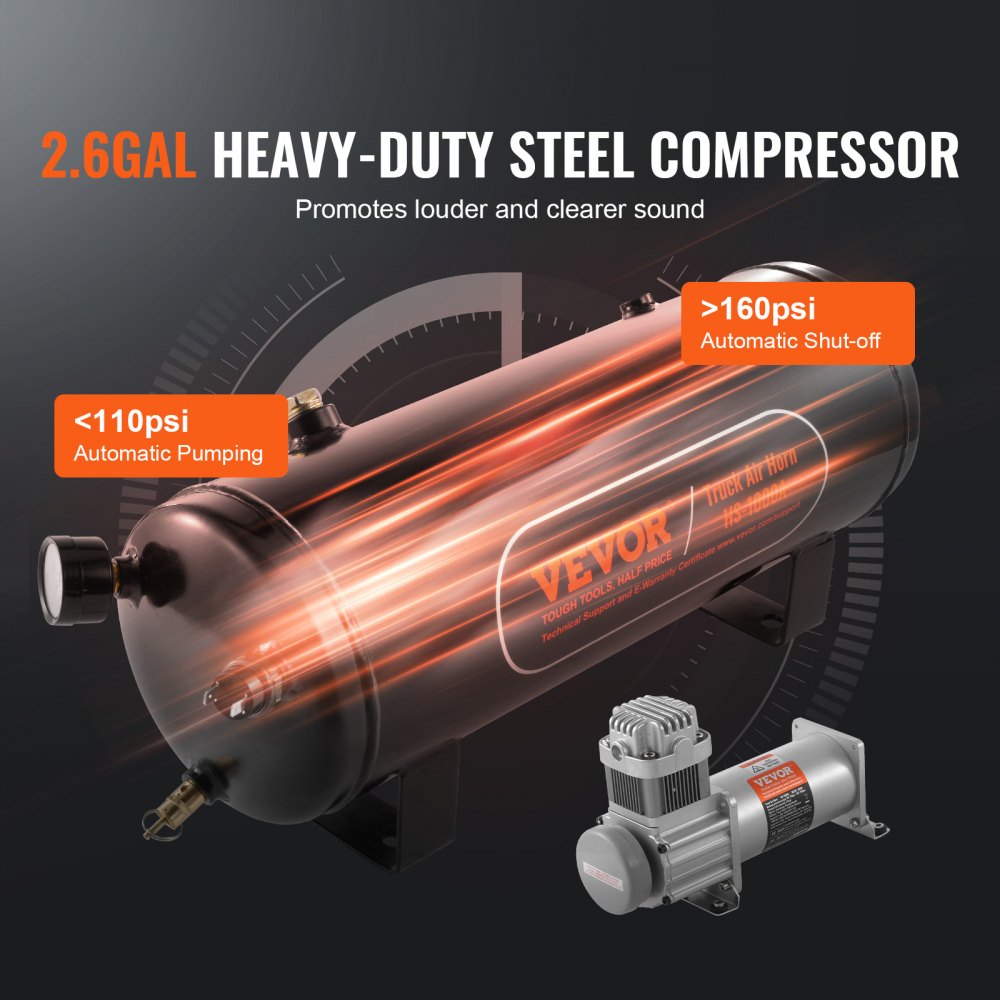 Bostome 150dB 4-trumpet train horn kit with 2.6-gallon steel tank and automatic compressor.