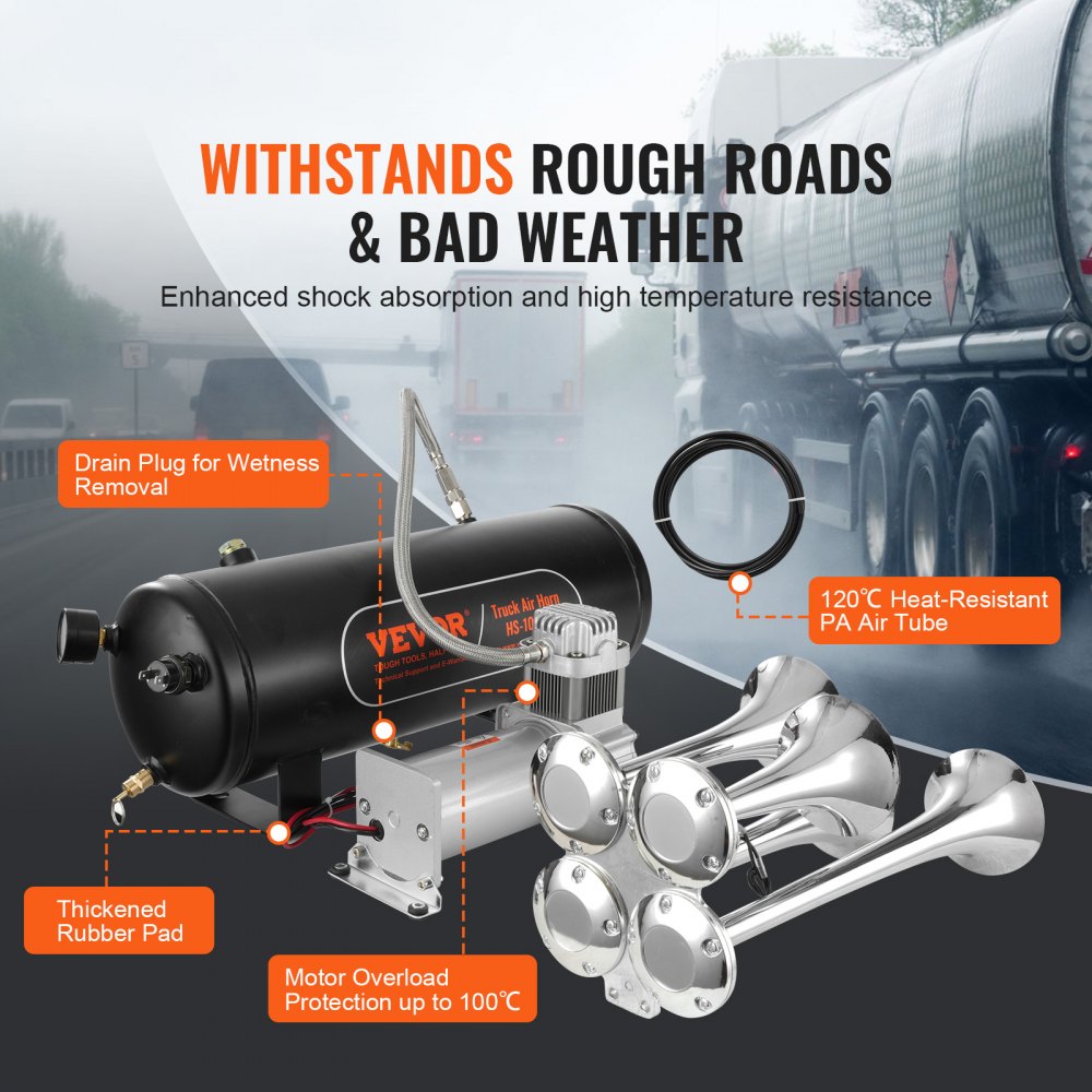 Black 150dB Bostome 4-trumpet train horn kit with air compressor, tank, and PA tube.