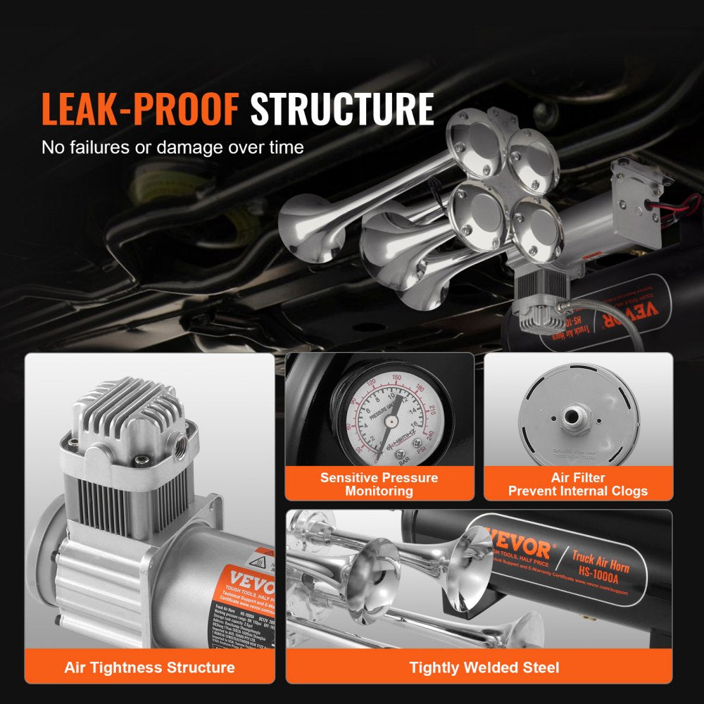 Bostome 150dB 4-trumpet train horn kit with compressor, tank, and pressure gauge.