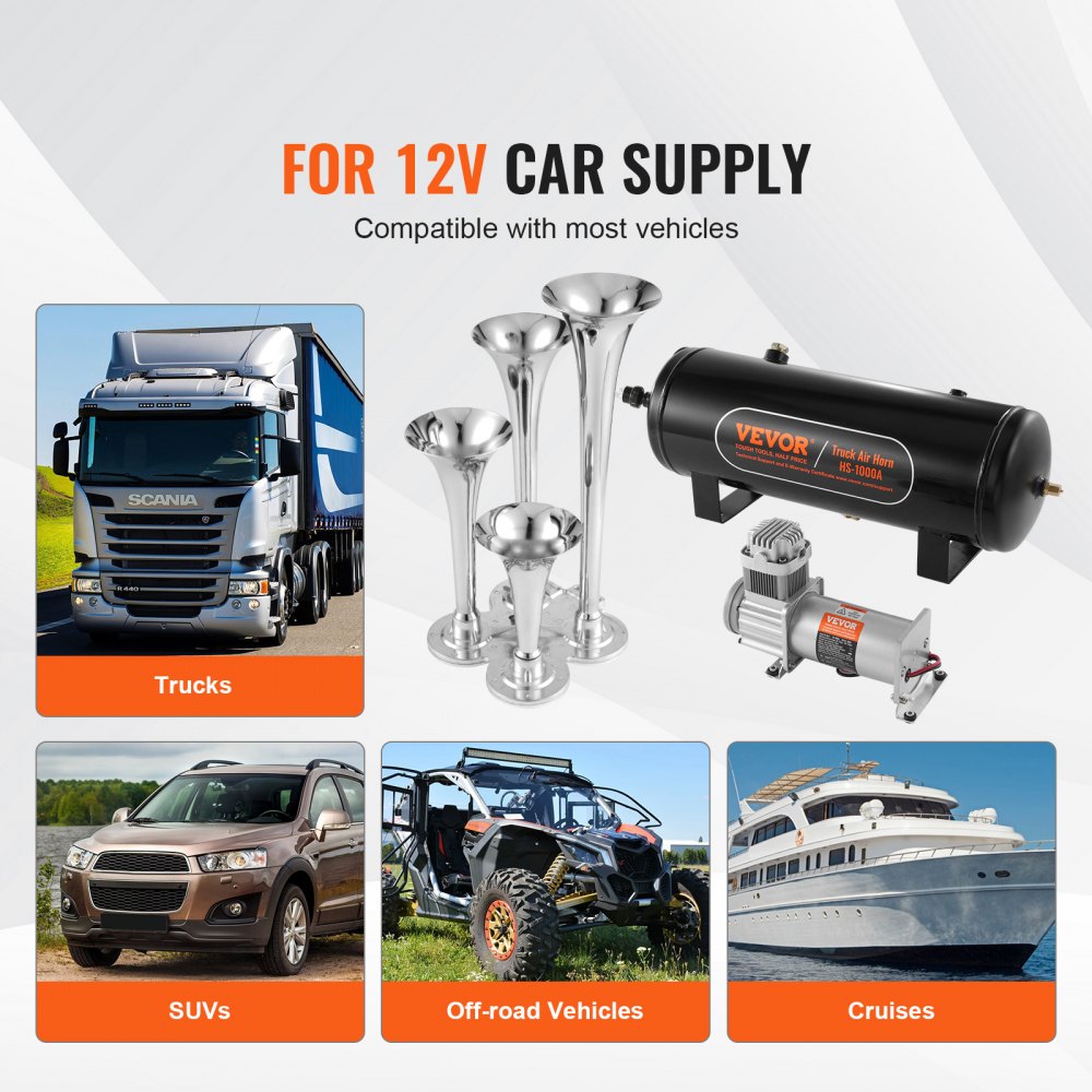 Bostome 150dB 4 trumpet train horn kit with compressor, tank, and vehicle compatibility icons.