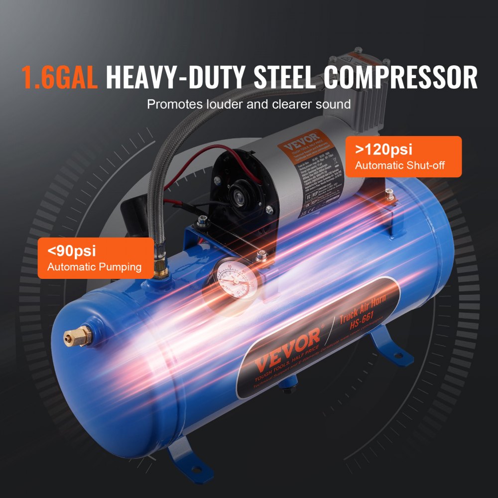 Blue 1.6-gallon steel air compressor tank with mounted motor and hoses for train horn kit.