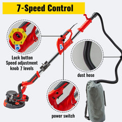 Red Bostome 850W electric drywall sander with 7-speed control, foldable pole, dust hose, and vacuum bag.