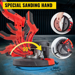 Foldable 850W electric drywall sander with 225mm head, variable speed, and vacuum attachment.