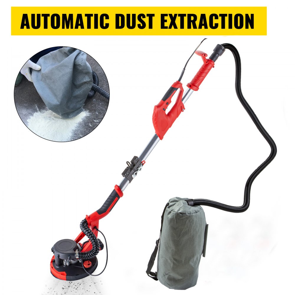 Red foldable electric drywall sander with variable speed, dust extraction hose, and vacuum bag.