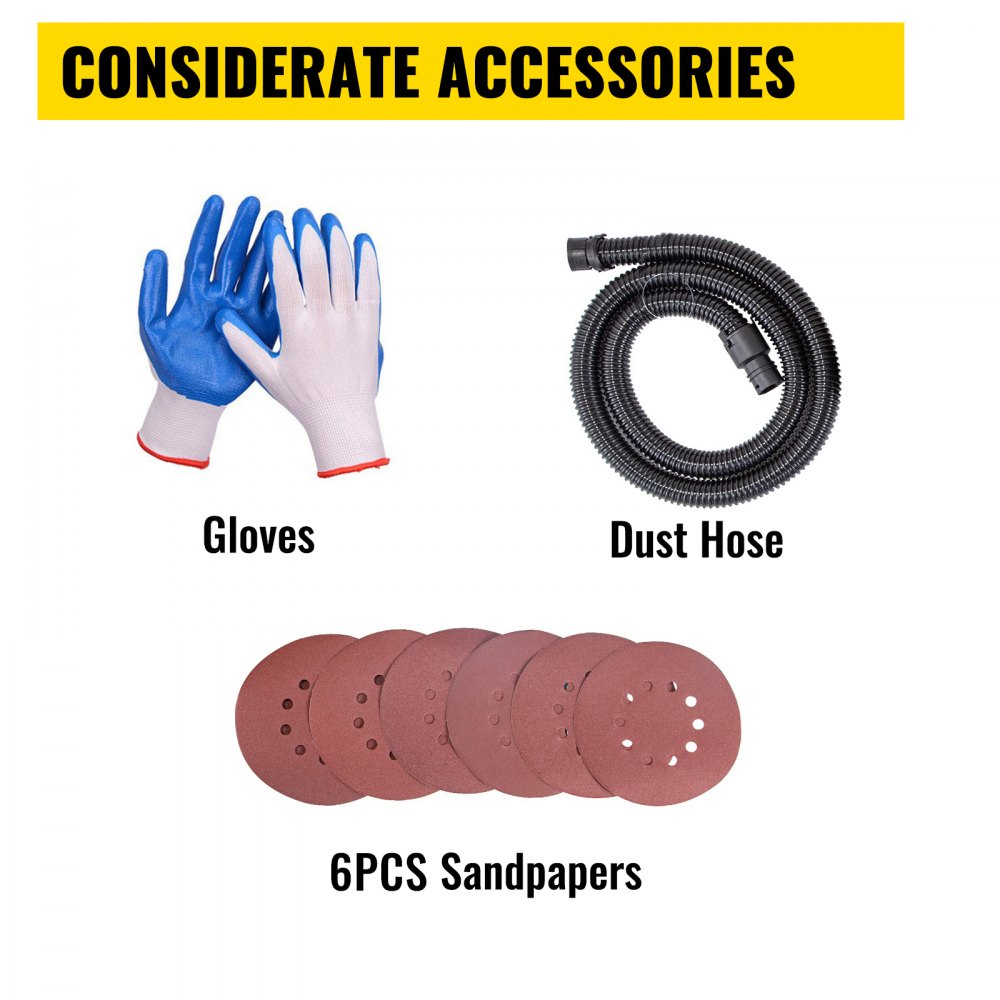 Accessories for drywall sander: blue and white gloves, black dust hose, and six sandpapers.