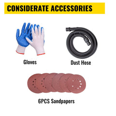 Accessories for drywall sander: blue and white gloves, black dust hose, and six sandpapers.