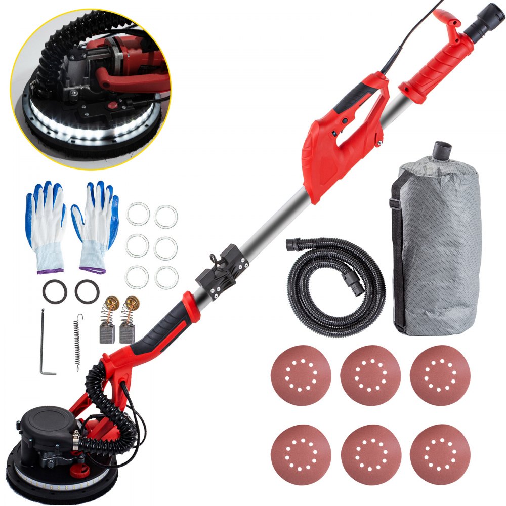 A red and silver electric drywall sander with accessories, including sanding pads, gloves, and a dust bag.