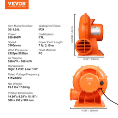 Inflatable Blower, 950W, 1 & 1.2 HP Bounce House Blower, Pump Commercial Air Blower for Inflatables, 3300 RPM Bouncy Castle Electric Fan Perfect for Bounce House, Waterslides, ETL Listed
