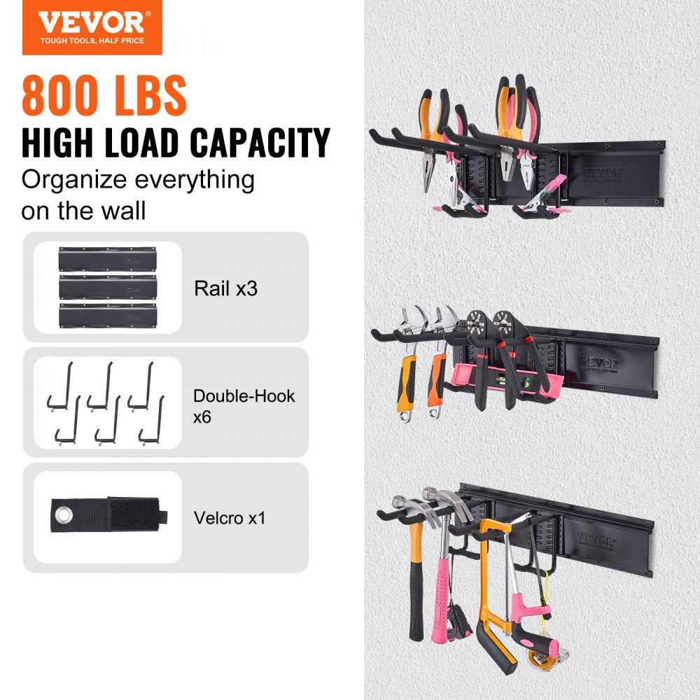 Garage Tool Organizer, 800 lbs Max Load Capacity, Wall Mount Yard Garden Storage Rack Organization Heavy Duty with 6 Adjustable Hooks and 3 Rails, for Garden Tools, Shovels, Trimmers, and Hoses