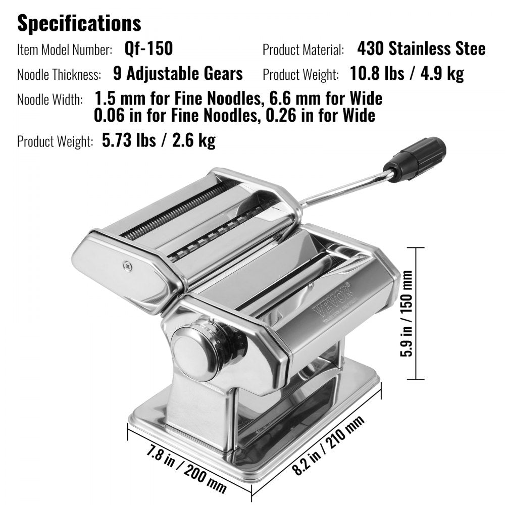 Pasta Maker Machine, 9 Adjustable Thickness Settings Noodles Maker, Stainless Steel Noodle Rollers and Cutter, Manual Hand Press, Pasta Making Kitchen Tool Kit, Perfect for Spaghetti Lasagna