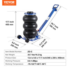 Air Jack, 3 Ton/6600 lbs Triple Bag Air Jack, Airbag Jack with Six Steel Pipes, Lift up to 17.7", 3-5 s Fast Lifting Pneumatic Jack, with Adjustable Long Handles for Cars, Garages, Repair (Blue)
