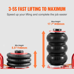 Air Jack, 3 Ton/6600 lbs Triple Bag Air Jack, Airbag Jack with Six Steel Pipes, Lift up to 17.7 inch/450 mm, 3-5 s Fast Lifting Pneumatic Jack, with Side Handles for Car, Garage, Repair (Red)