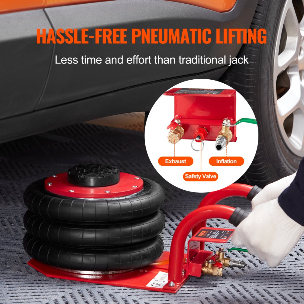 Air Jack, 3 Ton/6600 lbs Triple Bag Air Jack, Airbag Jack with Six Steel Pipes, Lift up to 17.7 inch/450 mm, 3-5 s Fast Lifting Pneumatic Jack, with Side Handles for Car, Garage, Repair (Red)