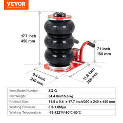 Air Jack, 3 Ton/6600 lbs Triple Bag Air Jack, Airbag Jack with Six Steel Pipes, Lift up to 17.7 inch/450 mm, 3-5 s Fast Lifting Pneumatic Jack, with Side Handles for Car, Garage, Repair (Red)
