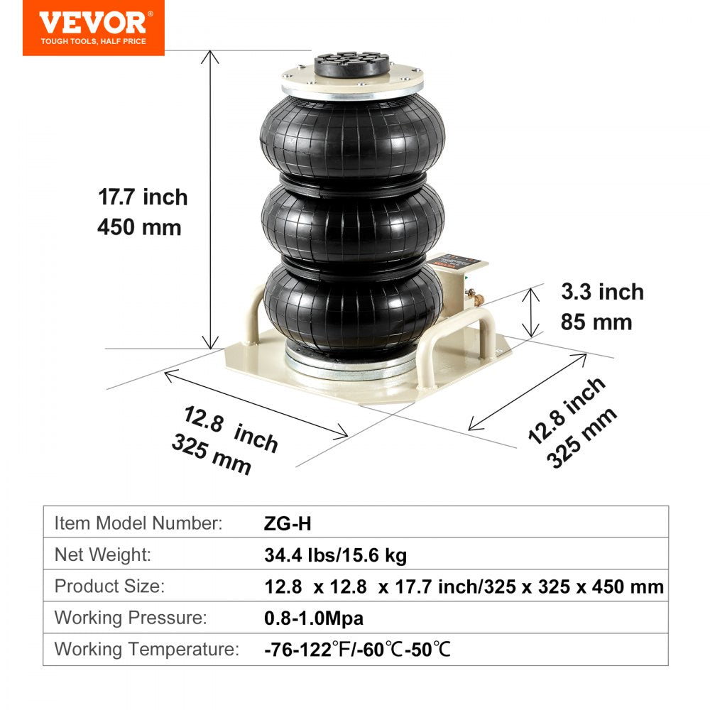 Air Jack, 3 Ton/6600 lbs Triple Bag Air Jack, Airbag Jack with Six Steel Pipes, Lift up to 17.7 inch/450 mm, 3-5 s Fast Lifting Pneumatic Jack, with Side Handles for Car, Garage, Repair (Beige)