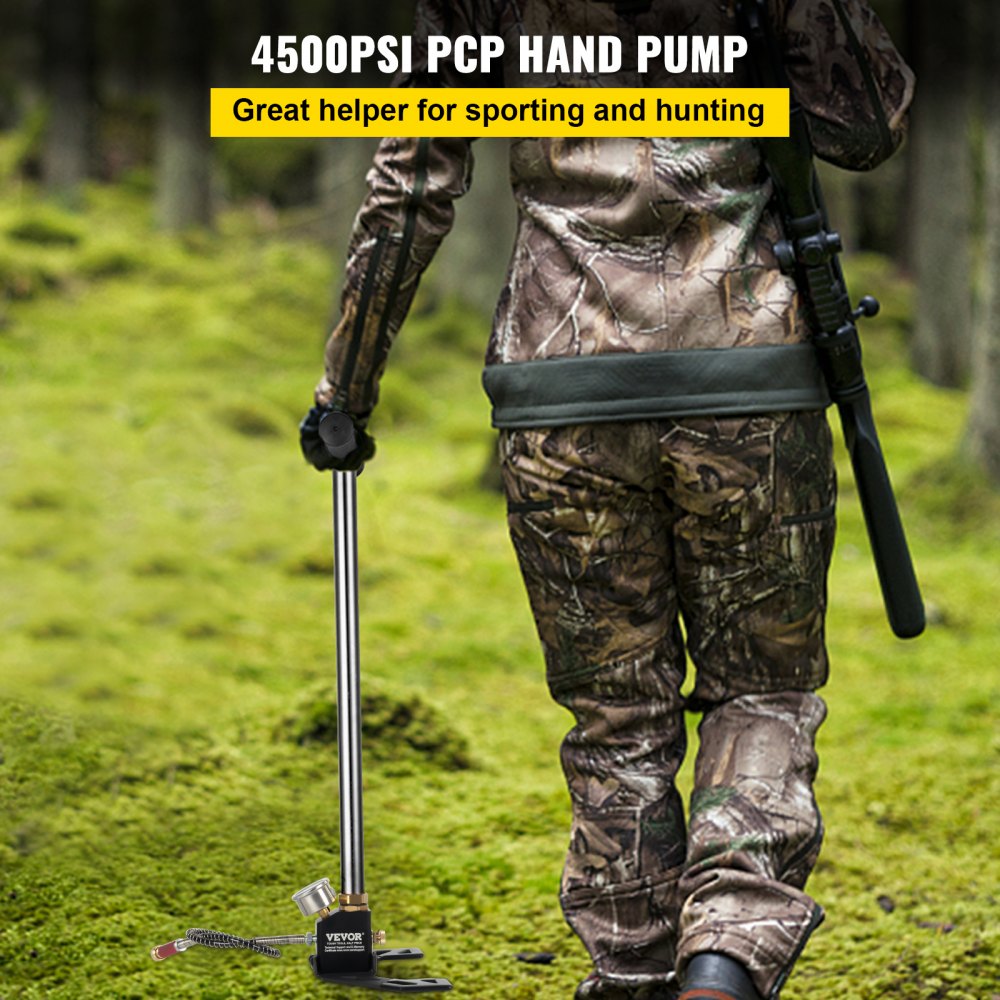 Bostome 4500PSI hand pump with stainless steel construction and dual-unit pressure gauge.