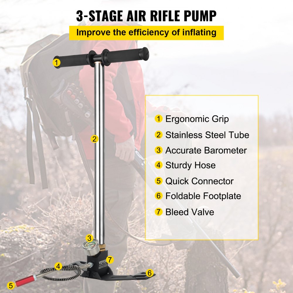 Bostome 4500PSI hand pump with stainless steel construction and dual-unit pressure gauge.