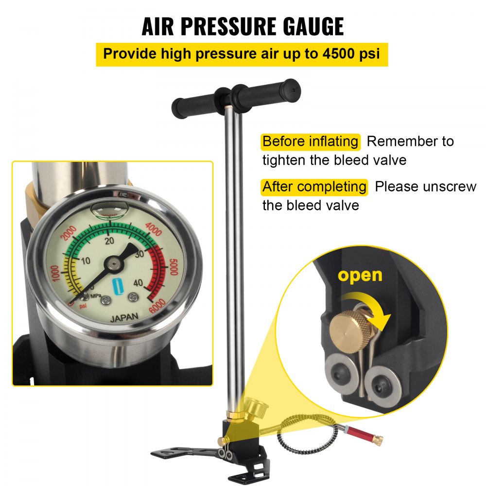 Bostome 4500PSI hand pump with stainless steel body and dual-unit pressure gauge for airguns.
