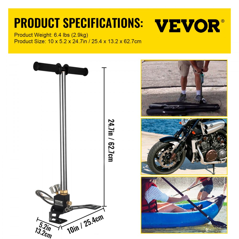 Bostome 4500PSI hand pump with stainless steel, 3-stage system, and dual-unit pressure gauge.