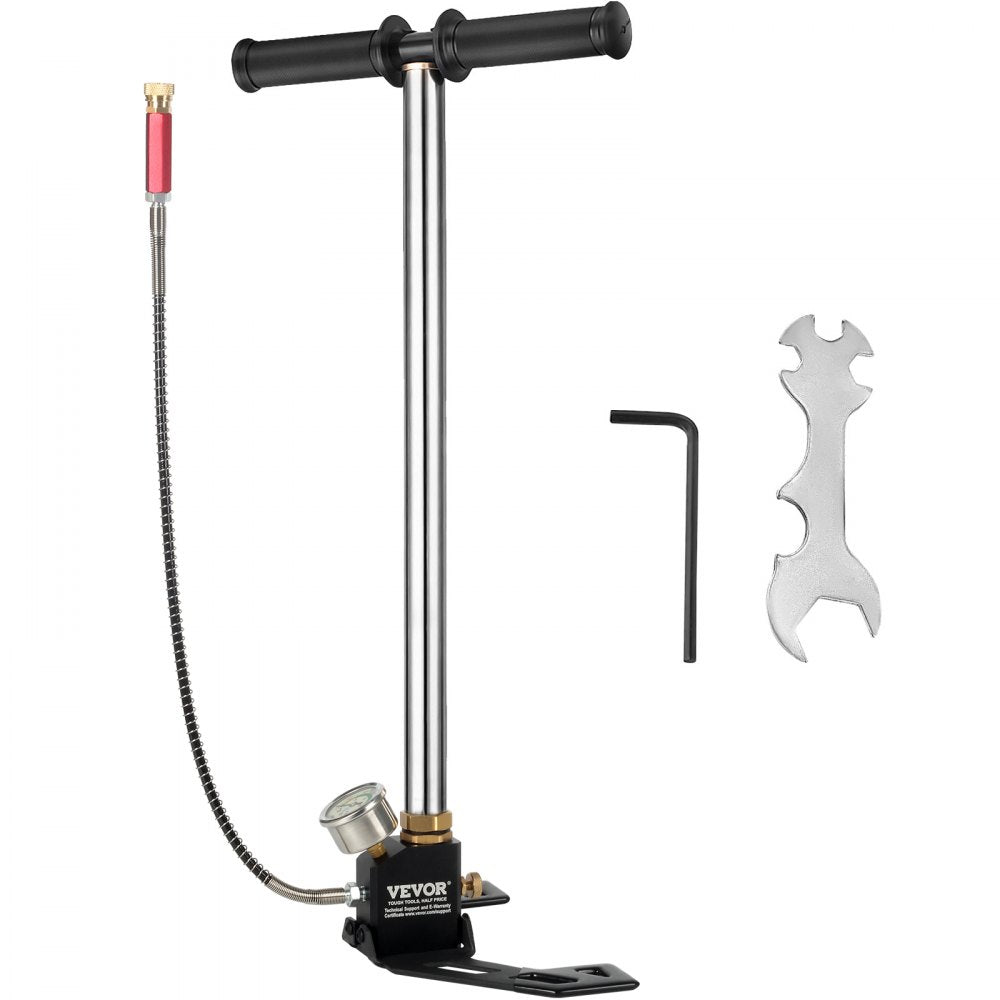 Bostome 4500PSI 3-Stage PCP airgun hand pump with stainless steel construction and dual pressure gauge.