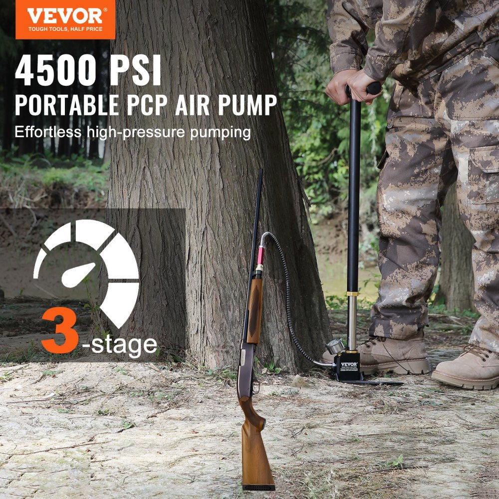 Bostome 3-Stage PCP Hand Pump with stainless steel tube and built-in moisture filter for airguns.