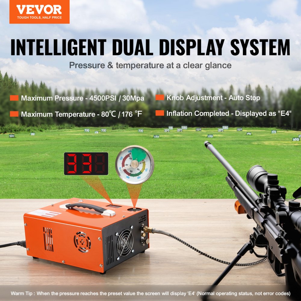Portable Bostome 4500PSI PCP air compressor with dual display and auto-stop feature.