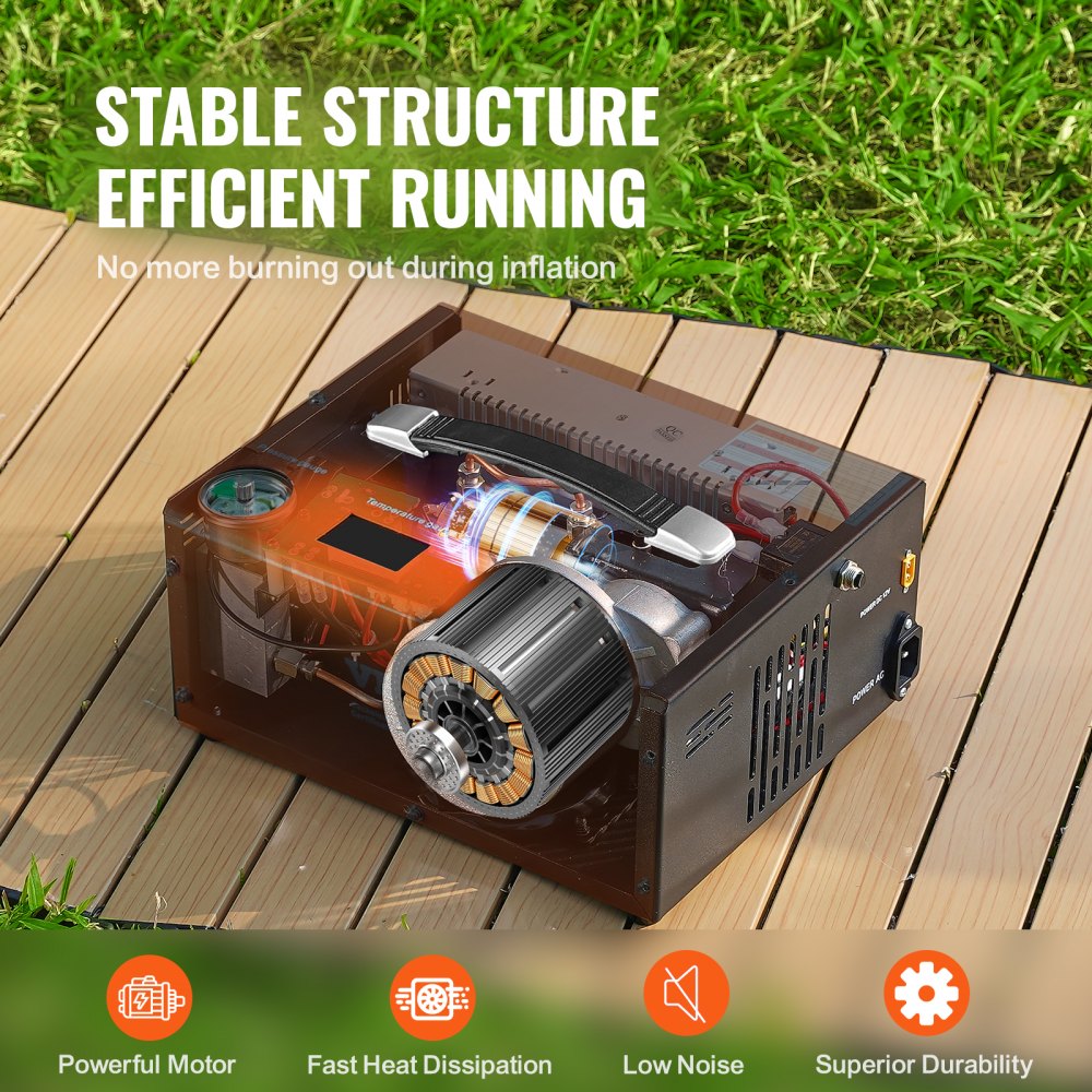 Portable Bostome 4500PSI PCP air compressor with dual display and auto-stop feature.