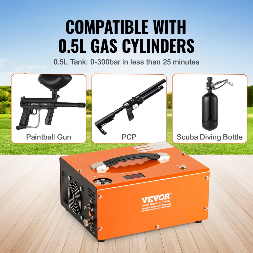 Portable Bostome 4500PSI PCP air compressor with dual display and auto-stop feature.