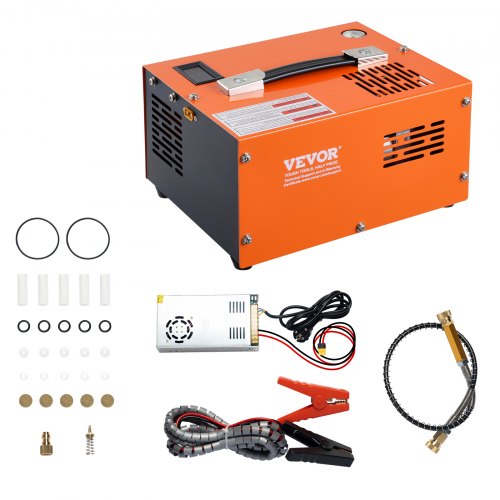 An orange and gray portable PCP air compressor with various accessories.
