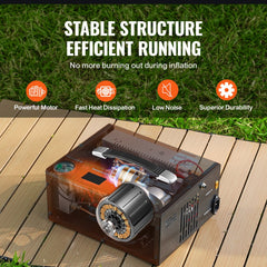 Portable oil-free PCP air compressor with transparent casing, powerful motor, and digital display on wooden deck.