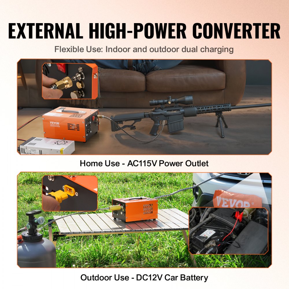 Portable Bostome 4500PSI PCP air compressor for air rifles, shown in use indoors and outdoors.