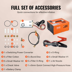 Full set of accessories for Bostome 4500PSI PCP air compressor, including power converter, O-rings, washers, discs, valves, hose, and clamps.