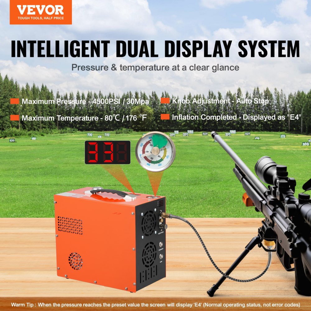 Portable orange 4500PSI PCP air compressor with dual digital display, fan cooling, and water loop on wooden surface.