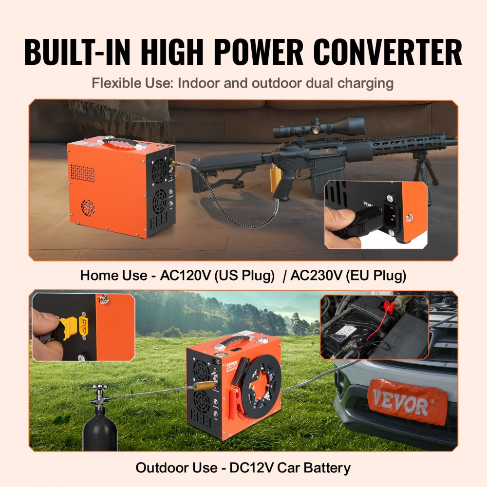 Portable orange Bostome 4500PSI PCP air compressor with built-in fan and water cooling, shown filling rifle and car battery.
