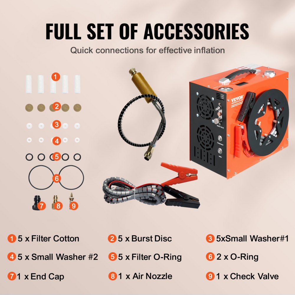 Portable orange PCP air compressor with full accessory set including hoses, filters, washers, and nozzles.